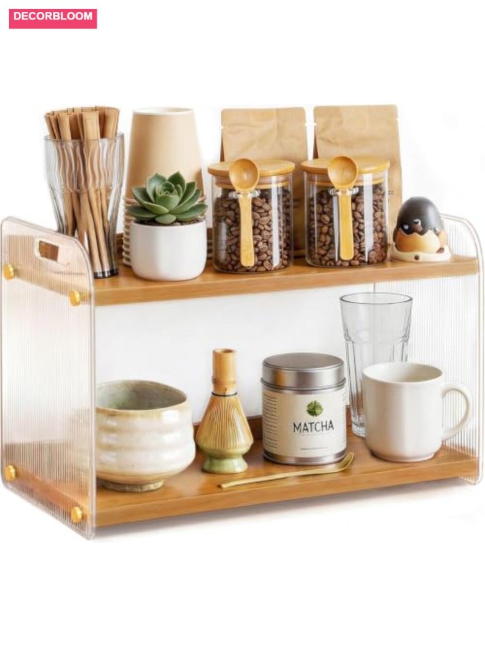 2-Tier Coffee Station Organizer Acrylic Pine Wood Countertop Storage Shelf